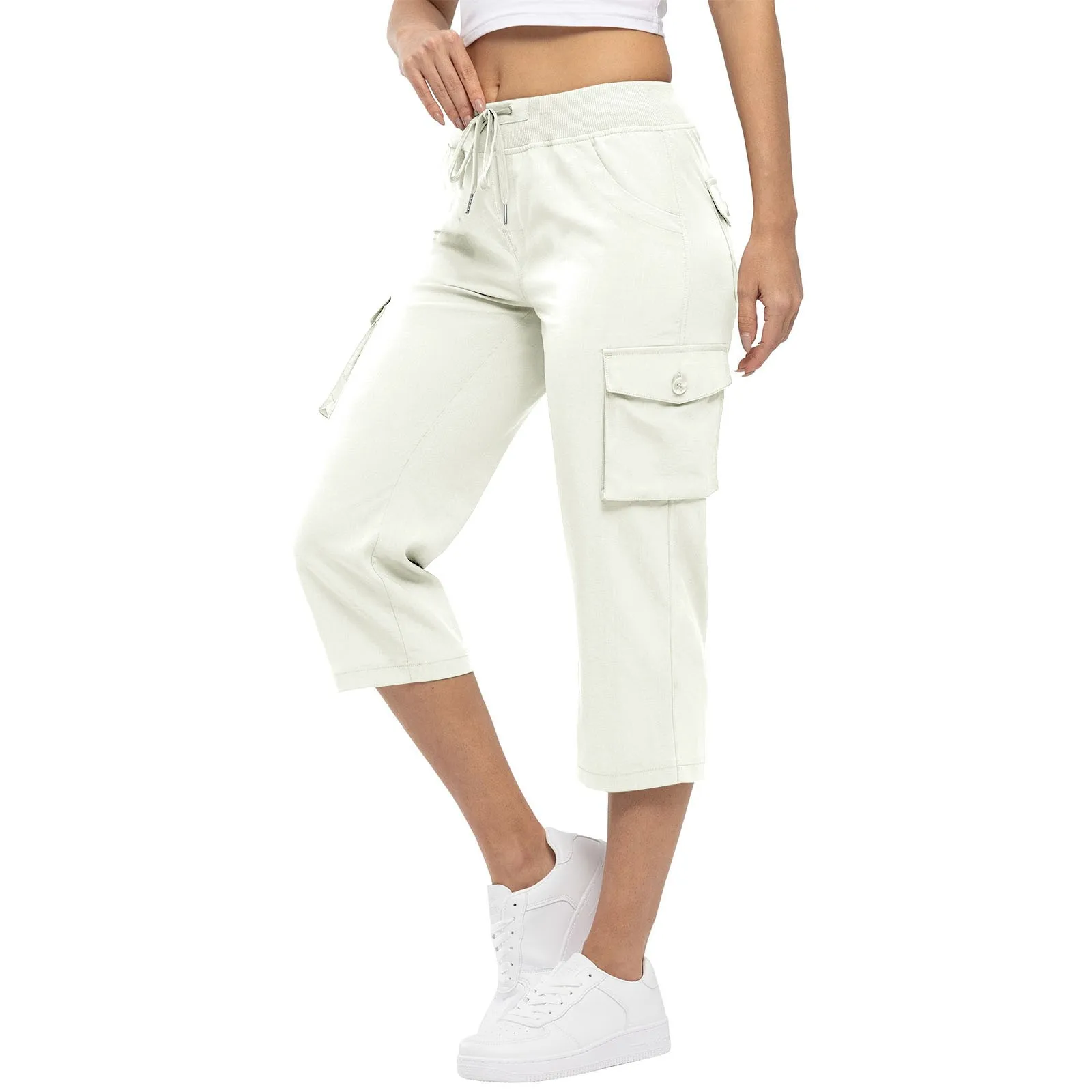 Women'S Pants 2024 Summer Fashion Pocket Design Cuffed Drawstring Casual Plain High Waist Skinny Daily Knee-Length Pants