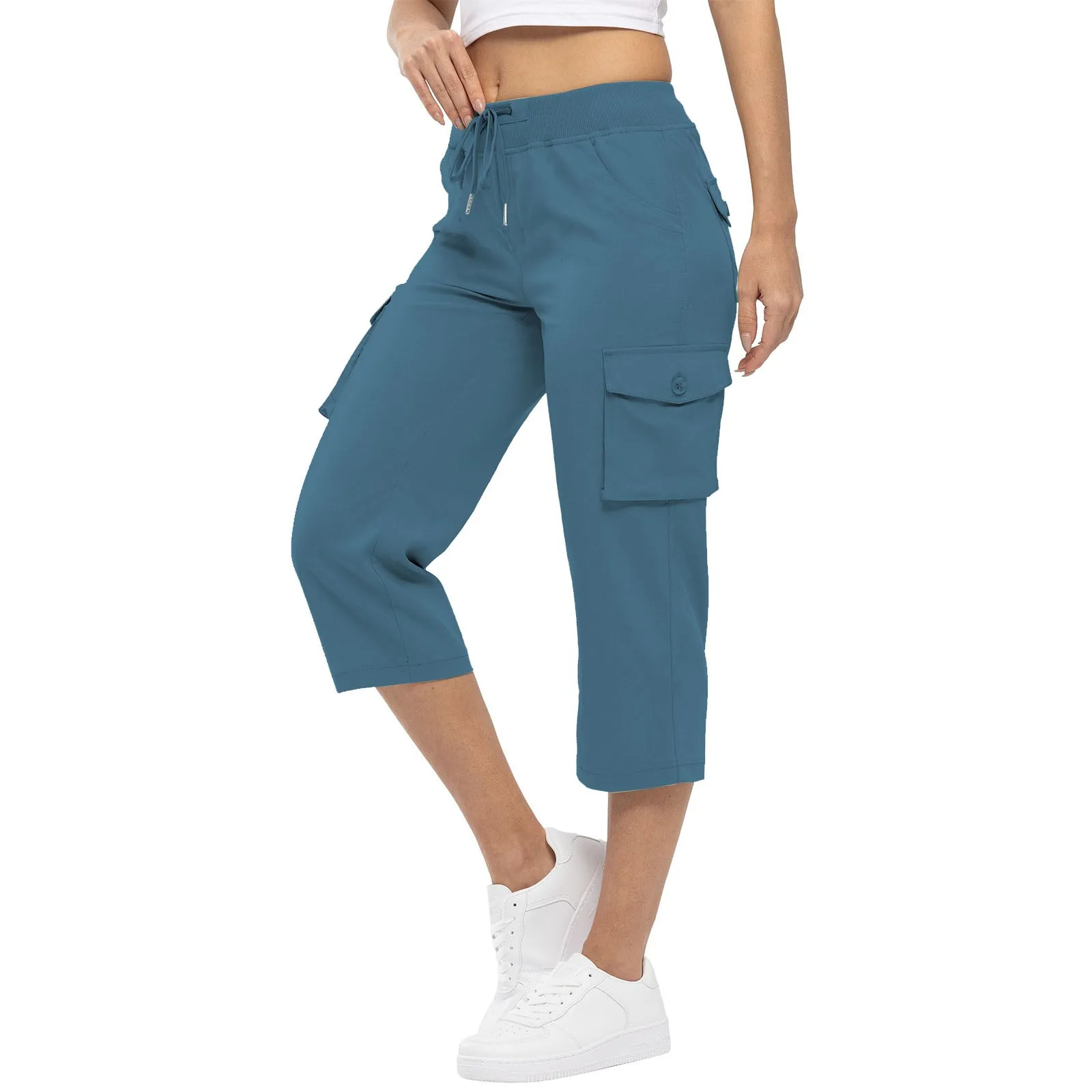 Women'S Pants 2024 Summer Fashion Pocket Design Cuffed Drawstring Casual Plain High Waist Skinny Daily Knee-Length Pants