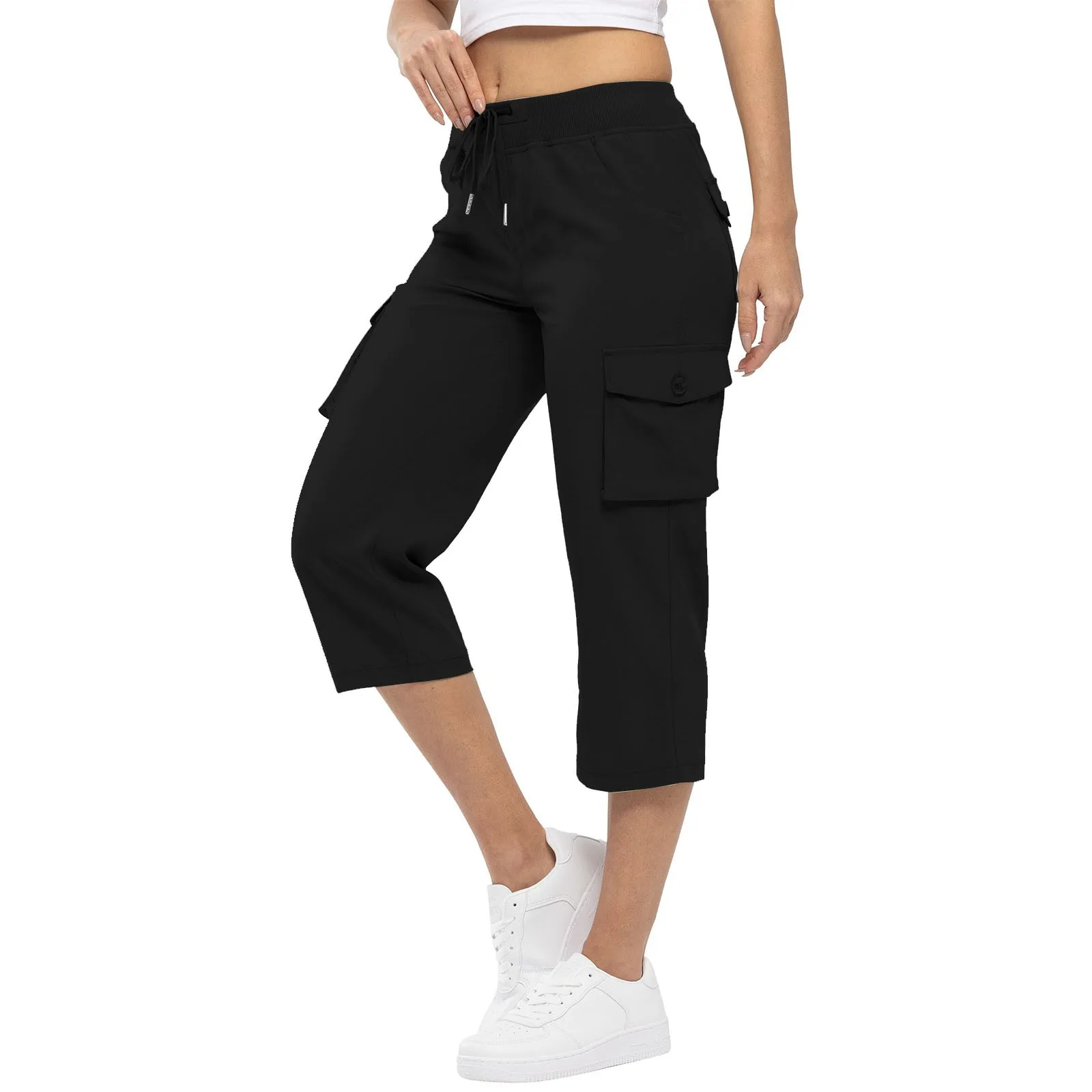 Women'S Pants 2024 Summer Fashion Pocket Design Cuffed Drawstring Casual Plain High Waist Skinny Daily Knee-Length Pants