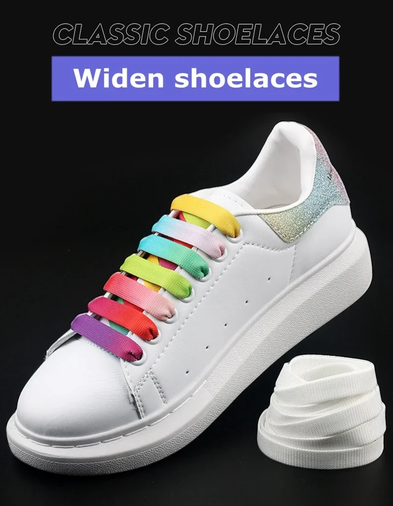 1.2cm width Flat Shoelaces Rainbow Shoelace MCQ Classic Casual White Shoes Laces Unisex Precision Weaving 100CM/120CM/140CM