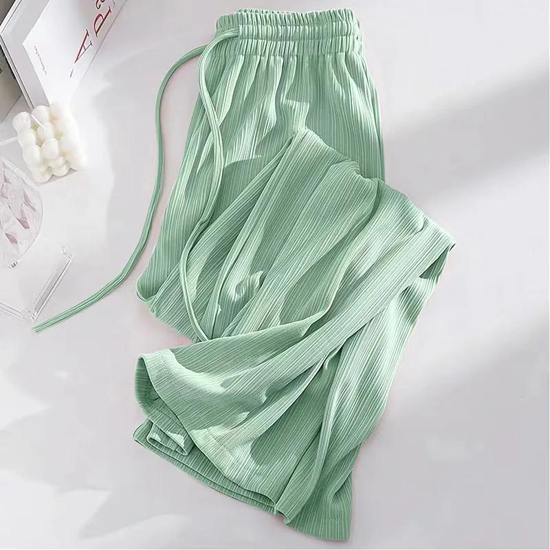Summer Cool Ice Silk Straight Pants Women Fashion High Waist Wide Leg Trousers Female Solid Sagging Feeling Baggy Casual Pants