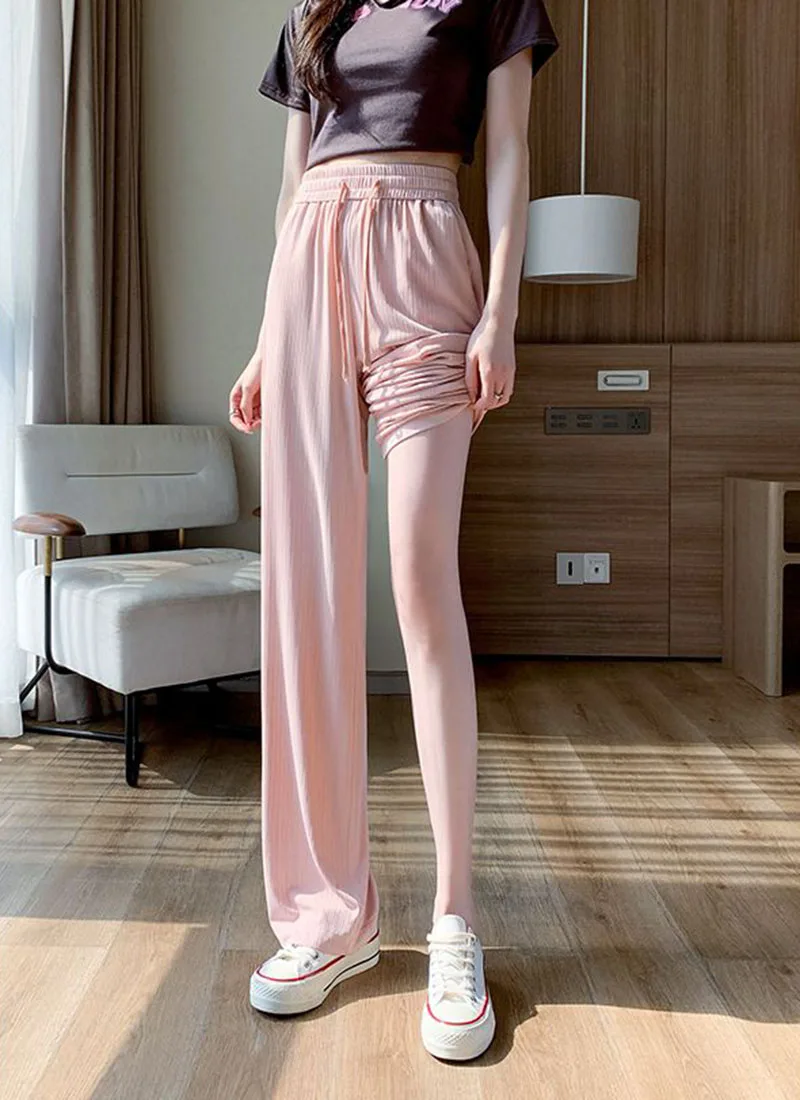 Summer Cool Ice Silk Straight Pants Women Fashion High Waist Wide Leg Trousers Female Solid Sagging Feeling Baggy Casual Pants