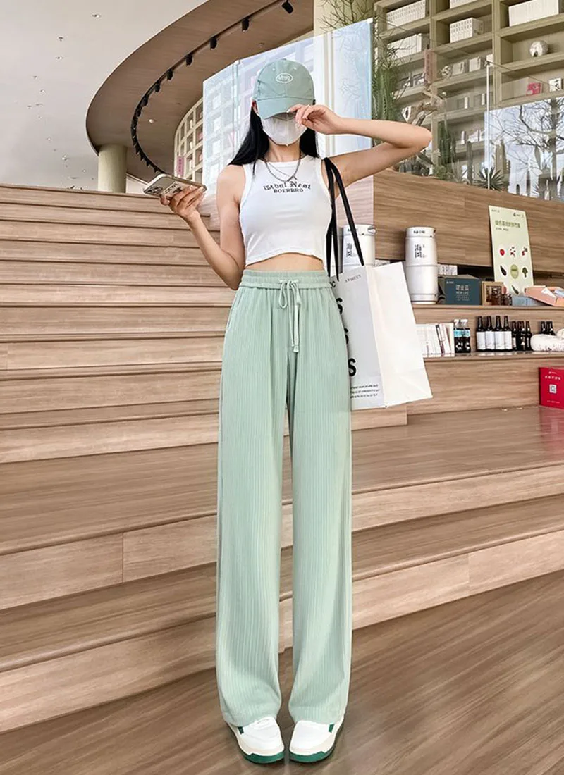 Summer Cool Ice Silk Straight Pants Women Fashion High Waist Wide Leg Trousers Female Solid Sagging Feeling Baggy Casual Pants