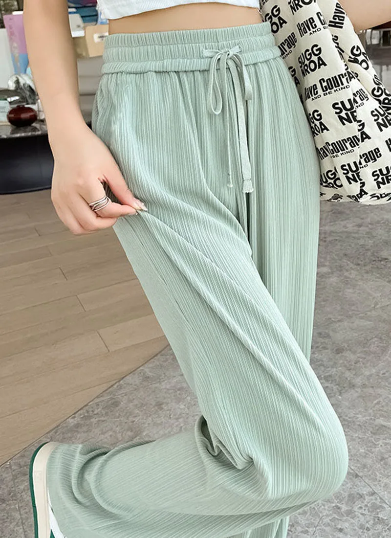 Summer Cool Ice Silk Straight Pants Women Fashion High Waist Wide Leg Trousers Female Solid Sagging Feeling Baggy Casual Pants