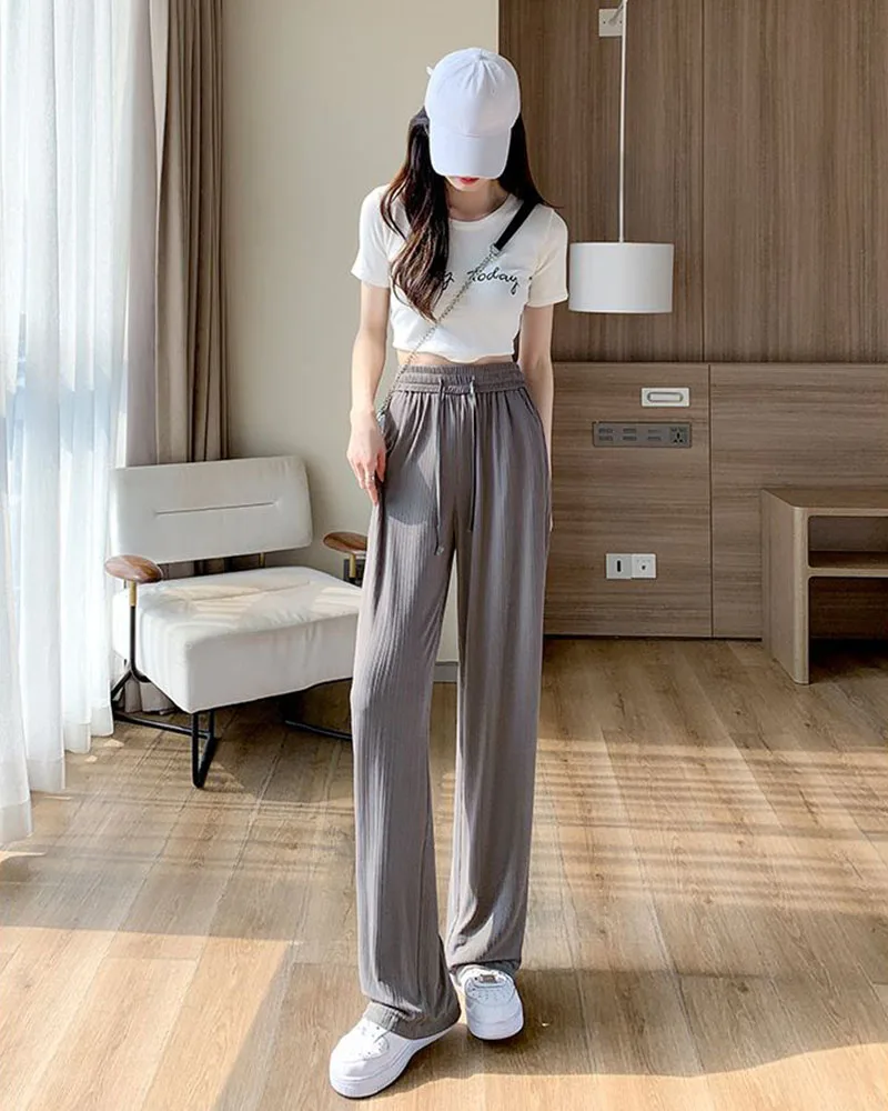Summer Cool Ice Silk Straight Pants Women Fashion High Waist Wide Leg Trousers Female Solid Sagging Feeling Baggy Casual Pants