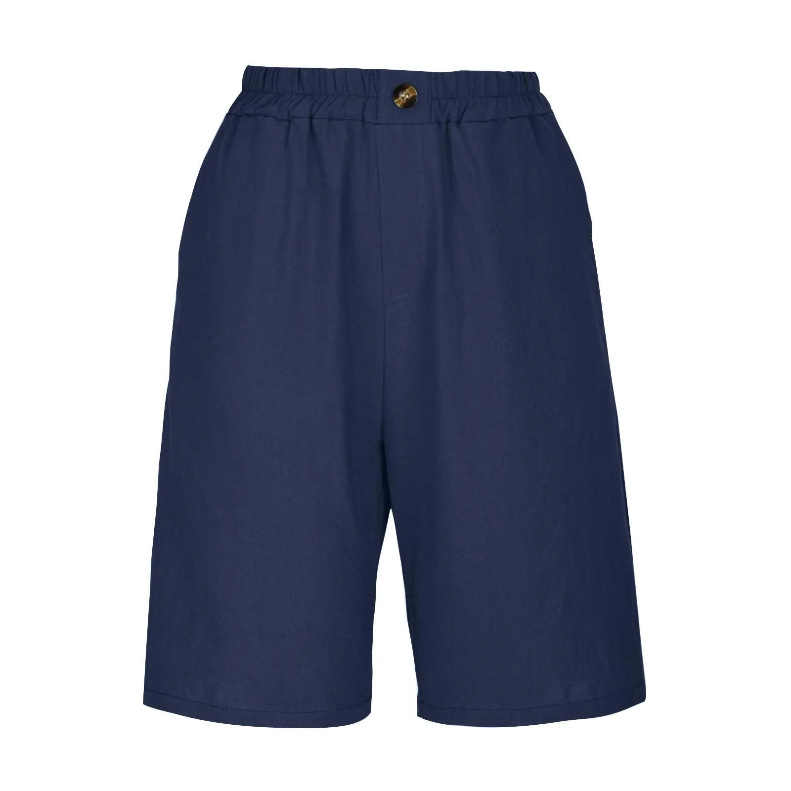 Summer Cotton Linen Shorts Women Large Size Cotton Linen Short Pants High Waist Elastic Waist Knee Length Pockets Shorts