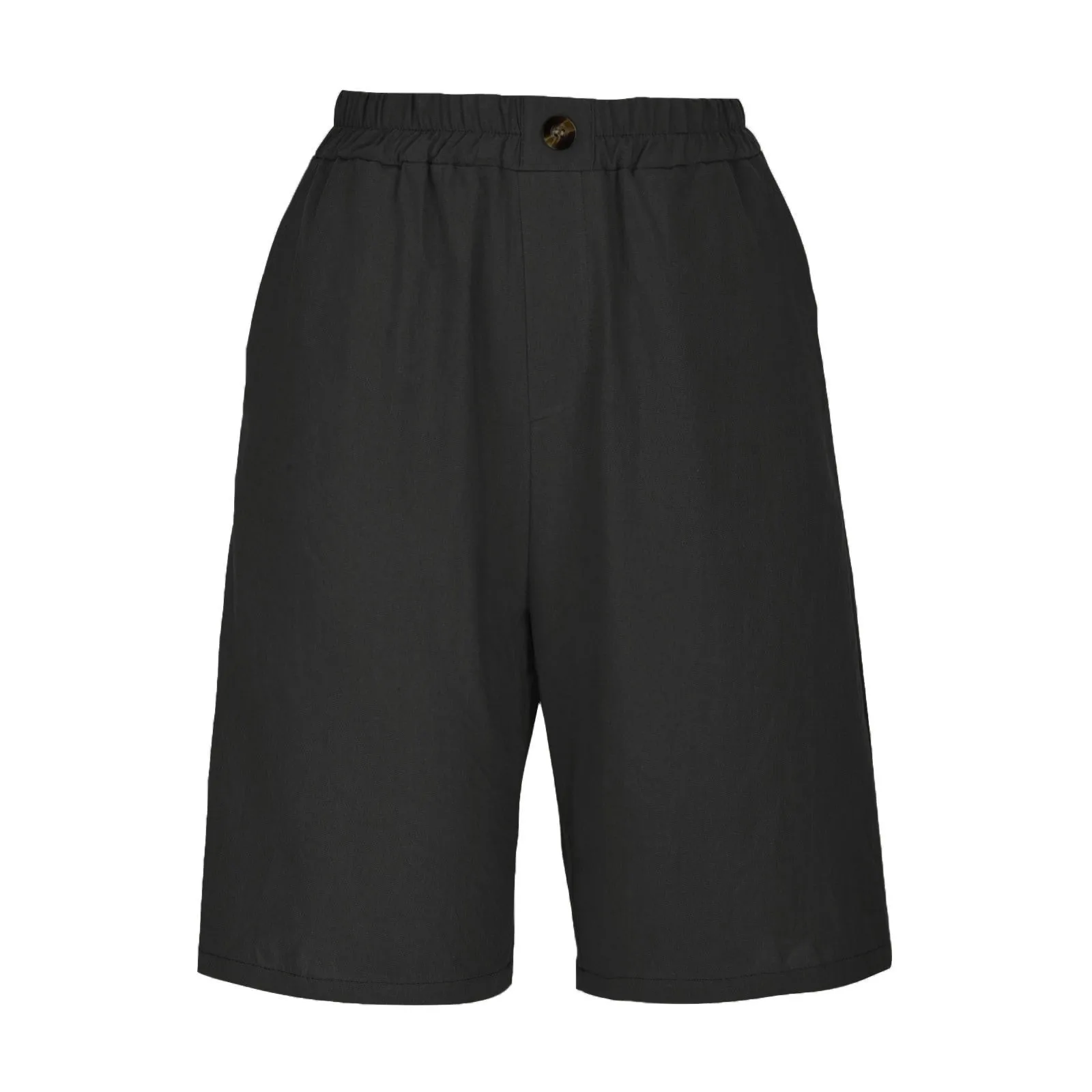 Summer Cotton Linen Shorts Women Large Size Cotton Linen Short Pants High Waist Elastic Waist Knee Length Pockets Shorts