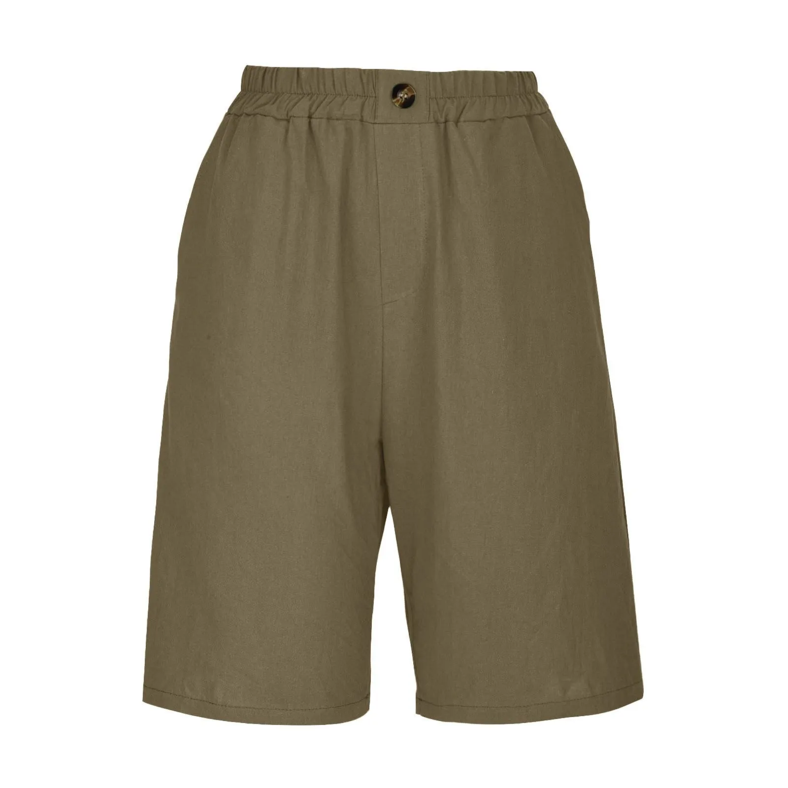 Summer Cotton Linen Shorts Women Large Size Cotton Linen Short Pants High Waist Elastic Waist Knee Length Pockets Shorts