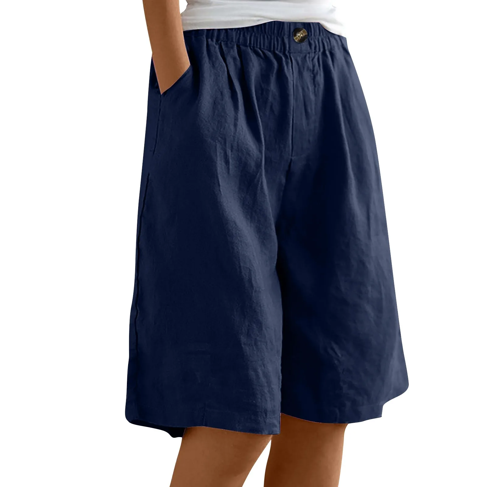 Summer Cotton Linen Shorts Women Large Size Cotton Linen Short Pants High Waist Elastic Waist Knee Length Pockets Shorts