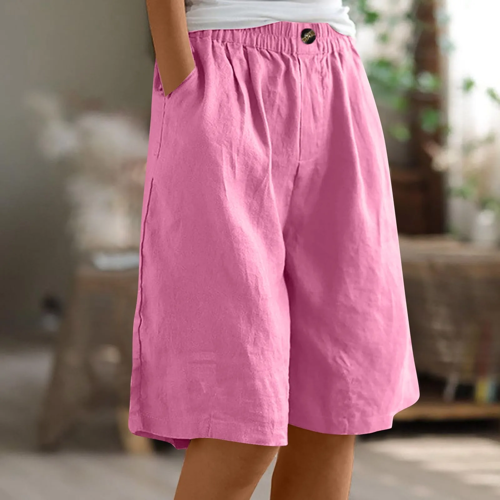 Summer Cotton Linen Shorts Women Large Size Cotton Linen Short Pants High Waist Elastic Waist Knee Length Pockets Shorts