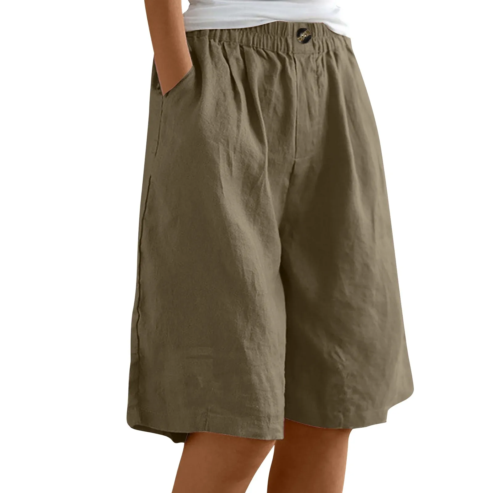 Summer Cotton Linen Shorts Women Large Size Cotton Linen Short Pants High Waist Elastic Waist Knee Length Pockets Shorts