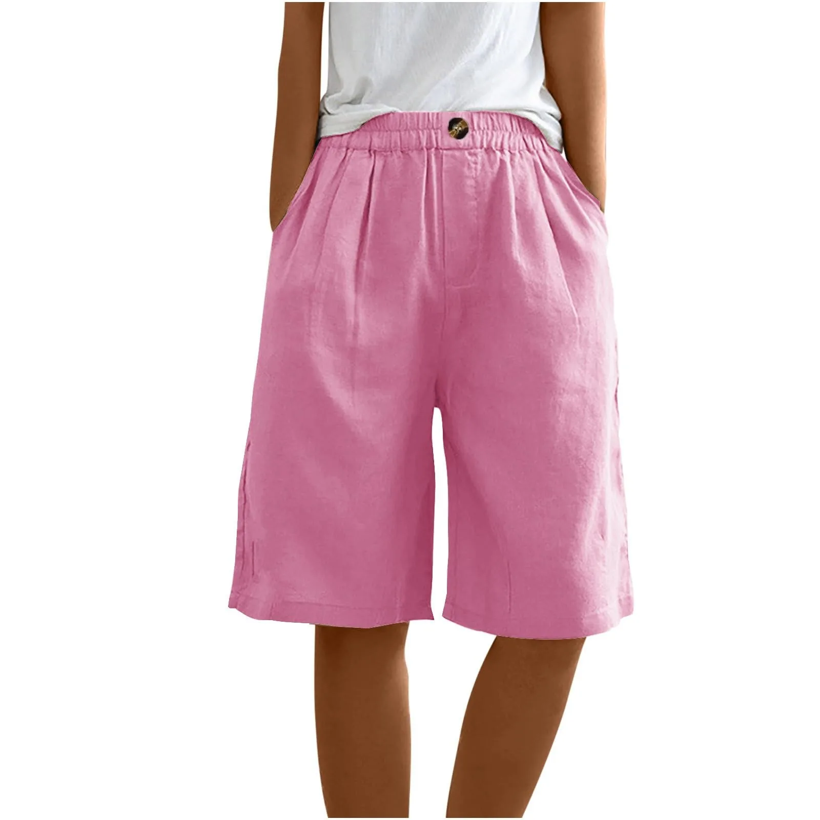 Summer Cotton Linen Shorts Women Large Size Cotton Linen Short Pants High Waist Elastic Waist Knee Length Pockets Shorts