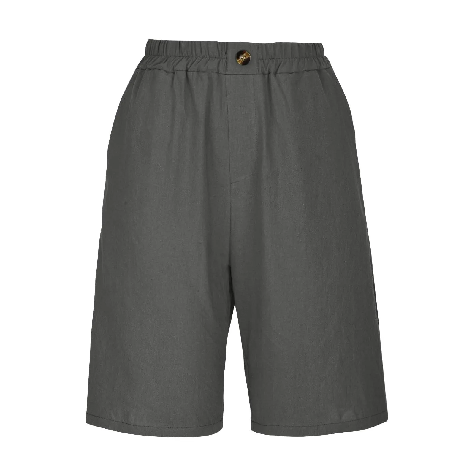 Summer Cotton Linen Shorts Women Large Size Cotton Linen Short Pants High Waist Elastic Waist Knee Length Pockets Shorts