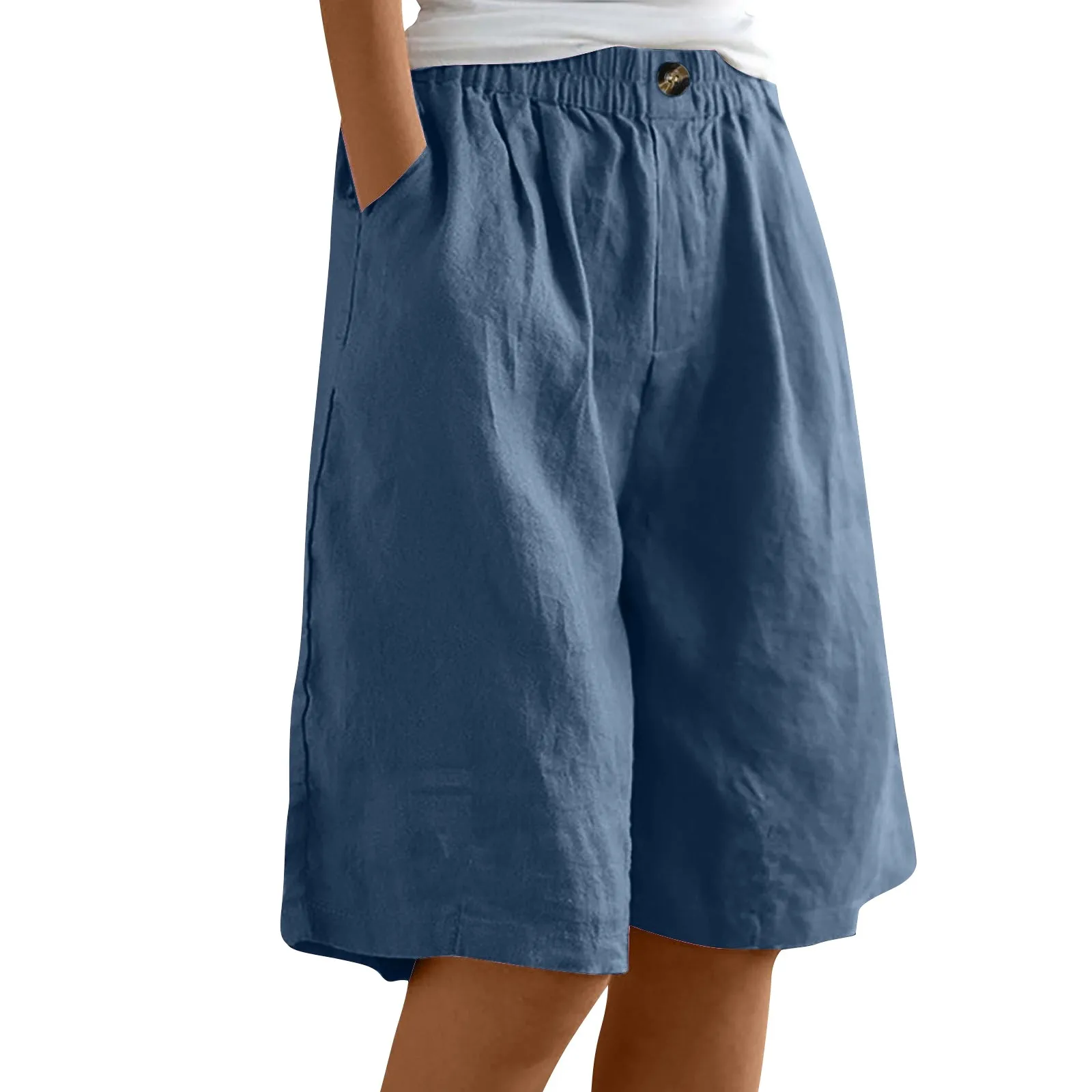 Summer Cotton Linen Shorts Women Large Size Cotton Linen Short Pants High Waist Elastic Waist Knee Length Pockets Shorts