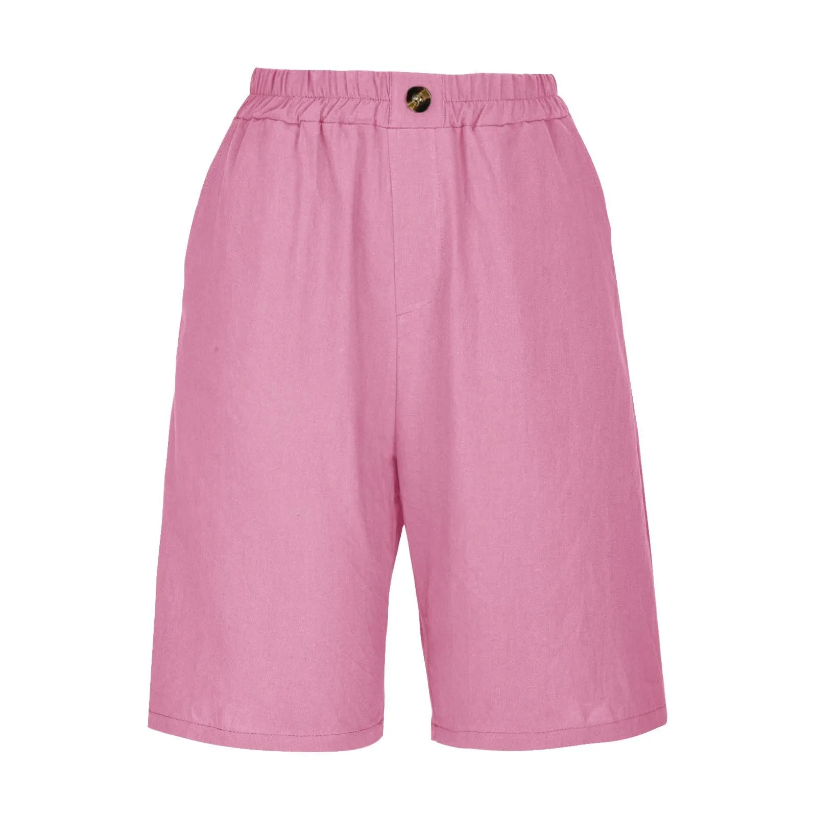Summer Cotton Linen Shorts Women Large Size Cotton Linen Short Pants High Waist Elastic Waist Knee Length Pockets Shorts