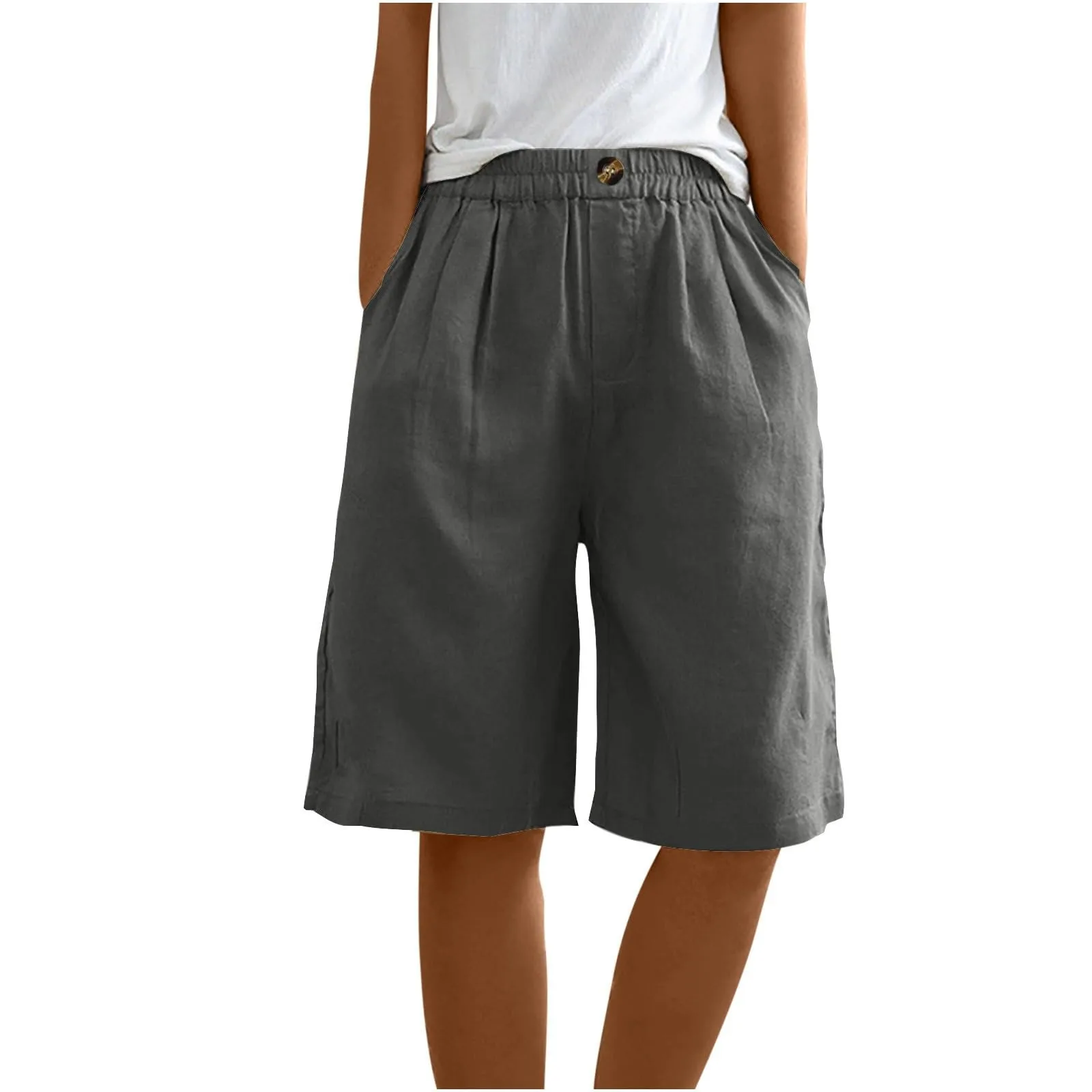 Summer Cotton Linen Shorts Women Large Size Cotton Linen Short Pants High Waist Elastic Waist Knee Length Pockets Shorts
