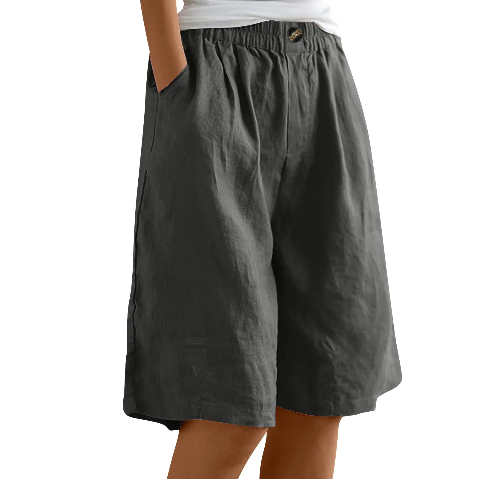 Summer Cotton Linen Shorts Women Large Size Cotton Linen Short Pants High Waist Elastic Waist Knee Length Pockets Shorts