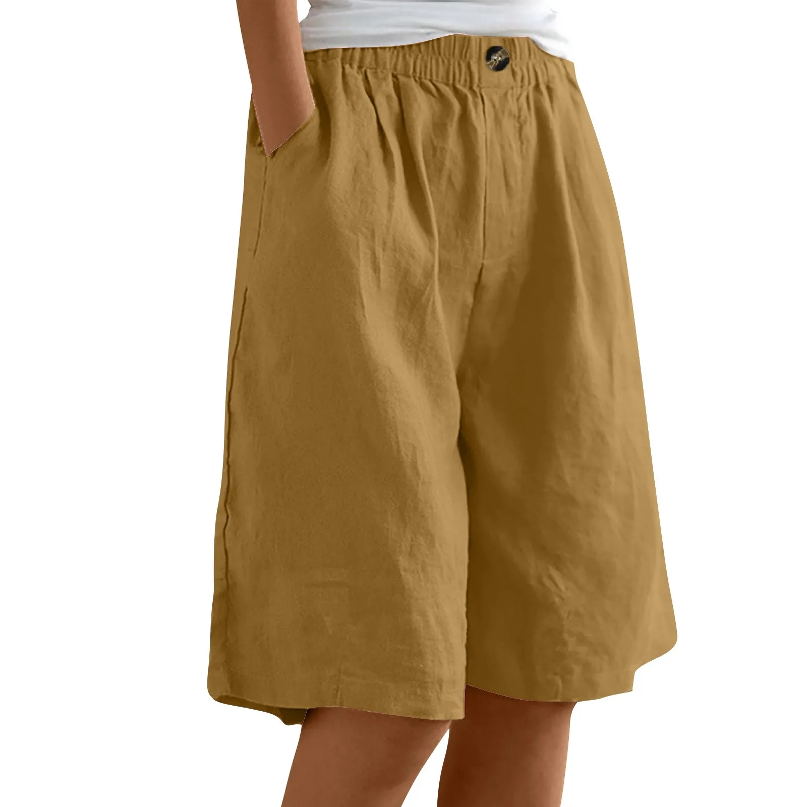 Summer Cotton Linen Shorts Women Large Size Cotton Linen Short Pants High Waist Elastic Waist Knee Length Pockets Shorts