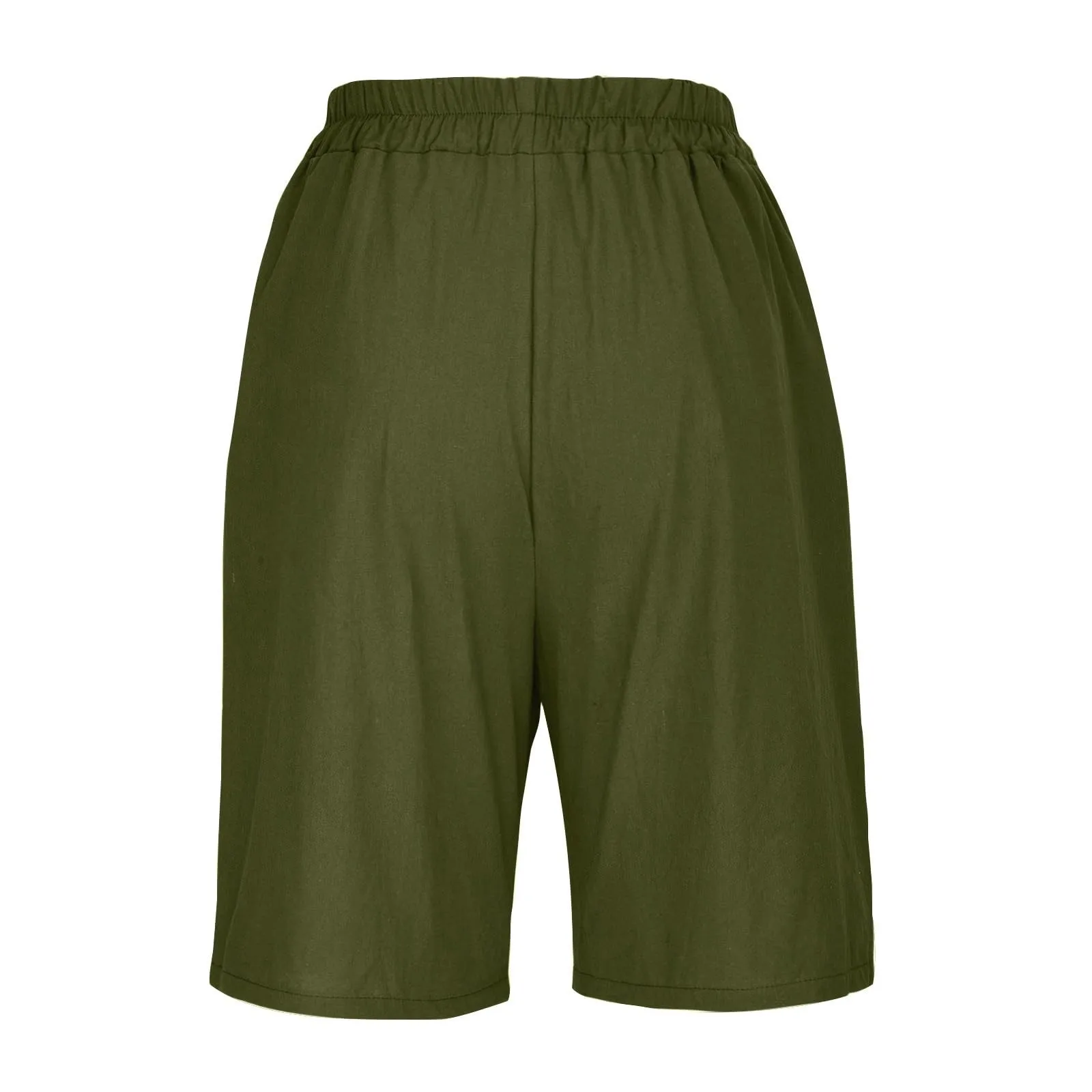 Summer Cotton Linen Shorts Women Large Size Cotton Linen Short Pants High Waist Elastic Waist Knee Length Pockets Shorts