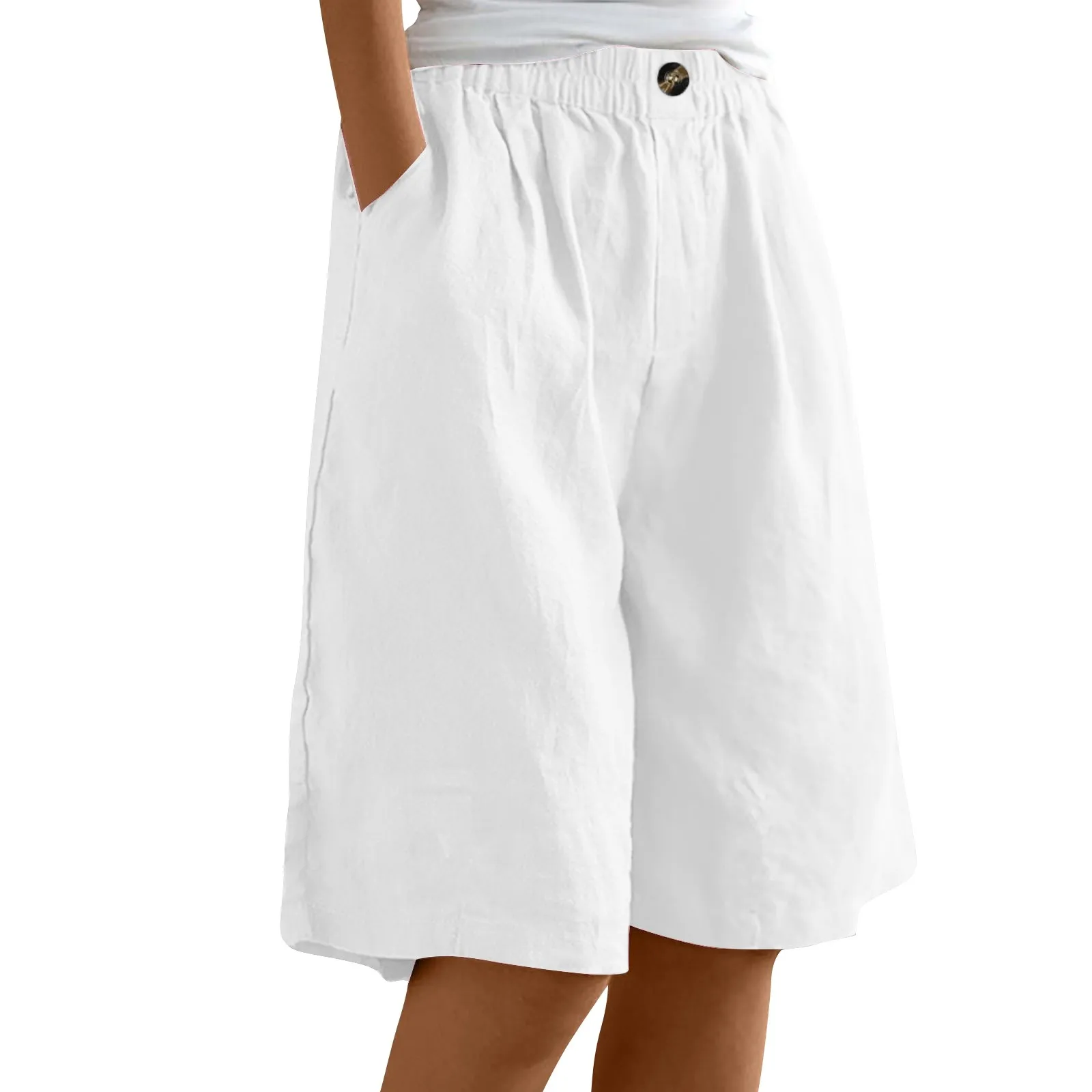 Summer Cotton Linen Shorts Women Large Size Cotton Linen Short Pants High Waist Elastic Waist Knee Length Pockets Shorts