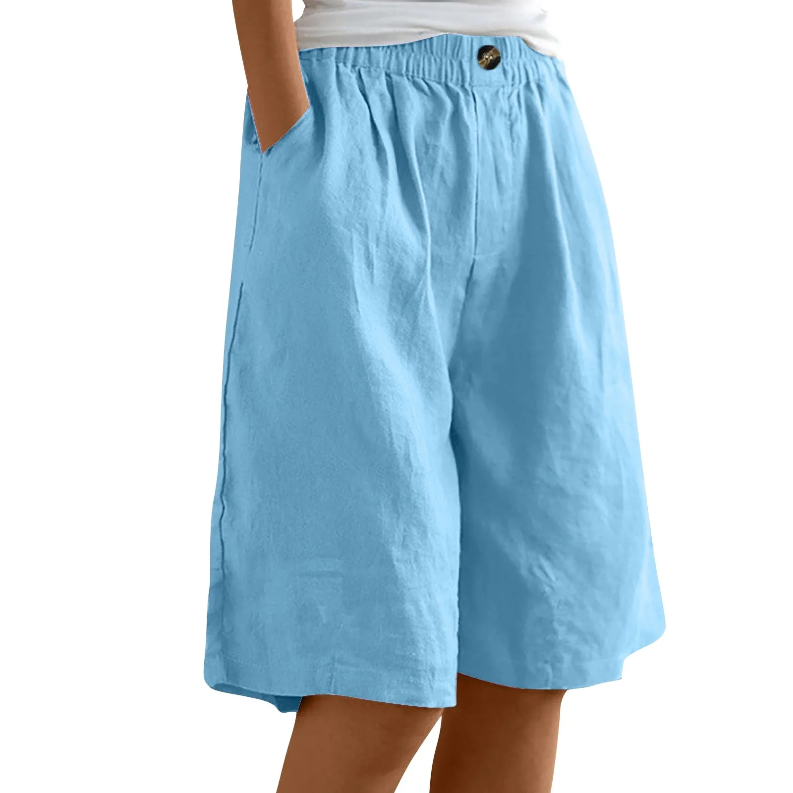 Summer Cotton Linen Shorts Women Large Size Cotton Linen Short Pants High Waist Elastic Waist Knee Length Pockets Shorts