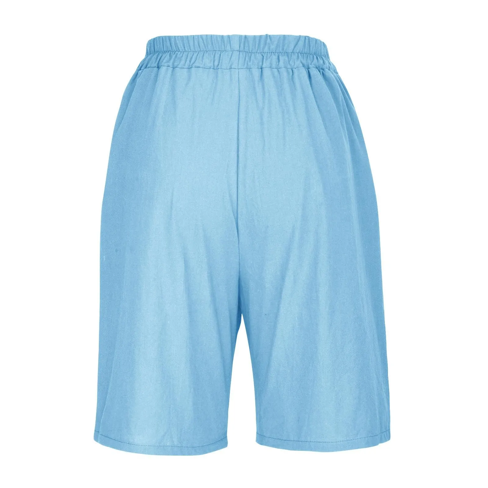 Summer Cotton Linen Shorts Women Large Size Cotton Linen Short Pants High Waist Elastic Waist Knee Length Pockets Shorts