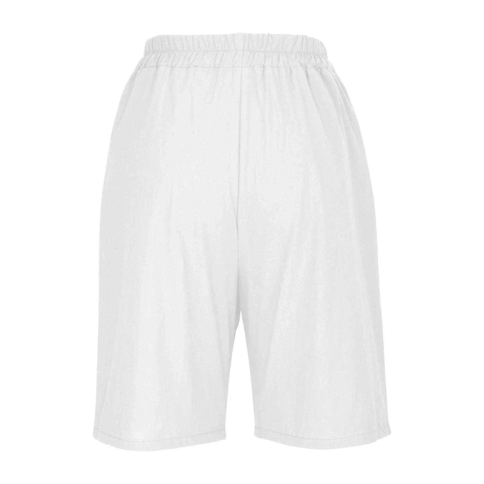 Summer Cotton Linen Shorts Women Large Size Cotton Linen Short Pants High Waist Elastic Waist Knee Length Pockets Shorts