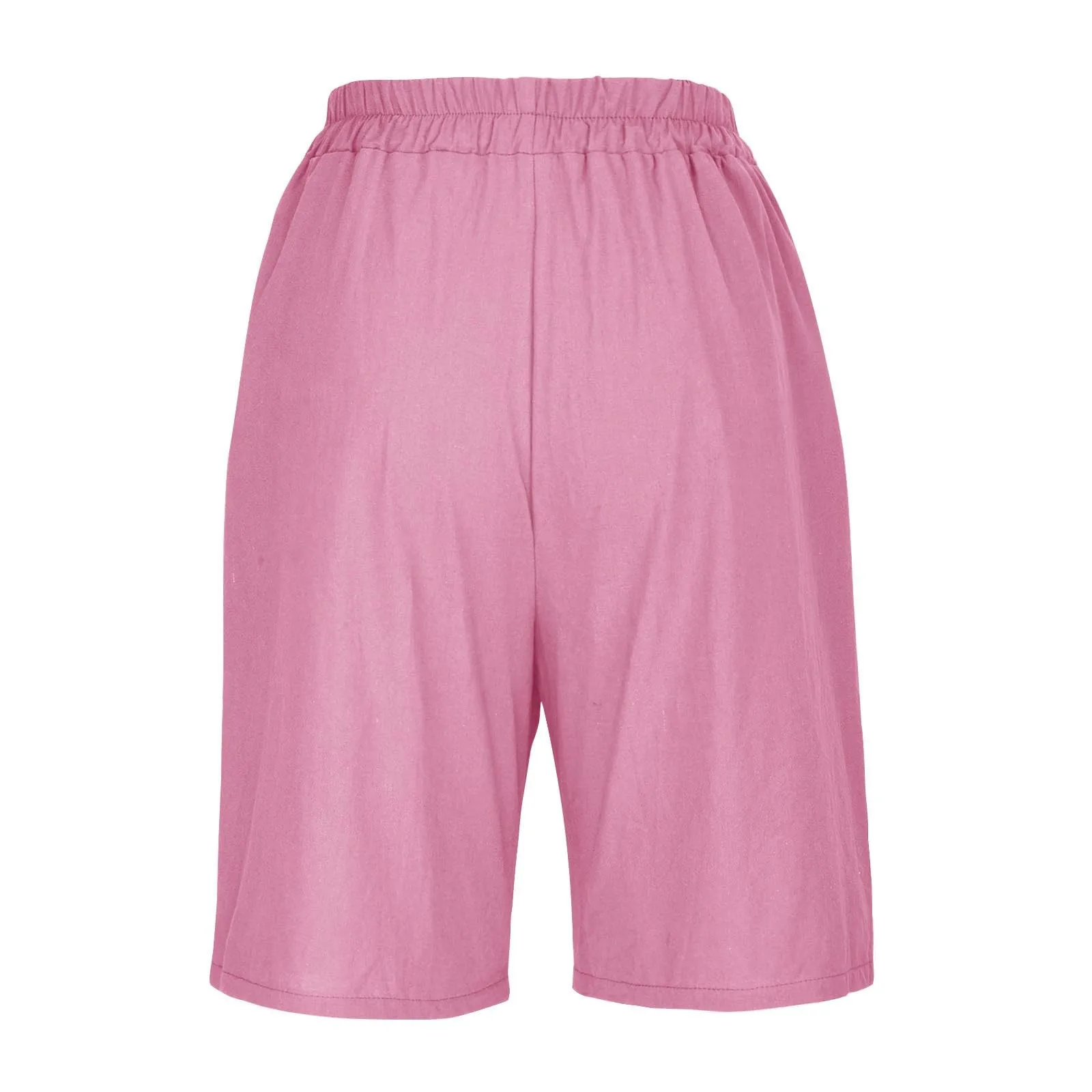 Summer Cotton Linen Shorts Women Large Size Cotton Linen Short Pants High Waist Elastic Waist Knee Length Pockets Shorts