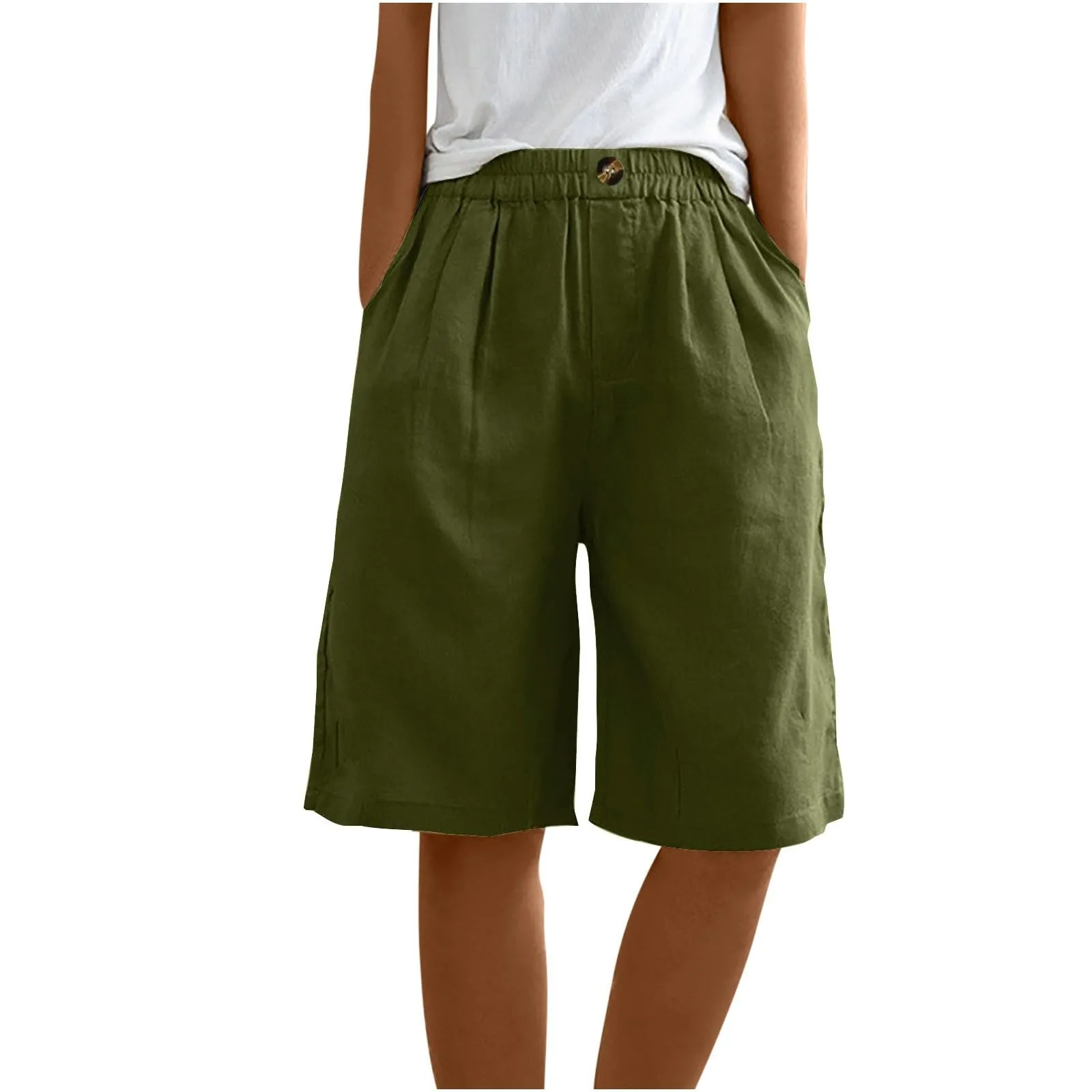 Summer Cotton Linen Shorts Women Large Size Cotton Linen Short Pants High Waist Elastic Waist Knee Length Pockets Shorts