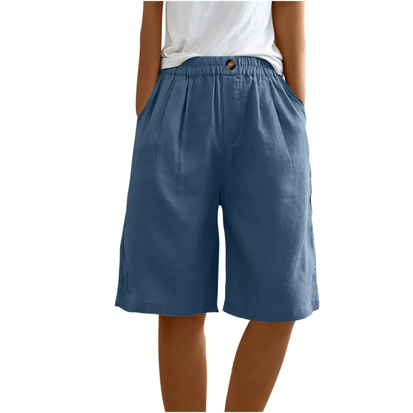 Summer Cotton Linen Shorts Women Large Size Cotton Linen Short Pants High Waist Elastic Waist Knee Length Pockets Shorts