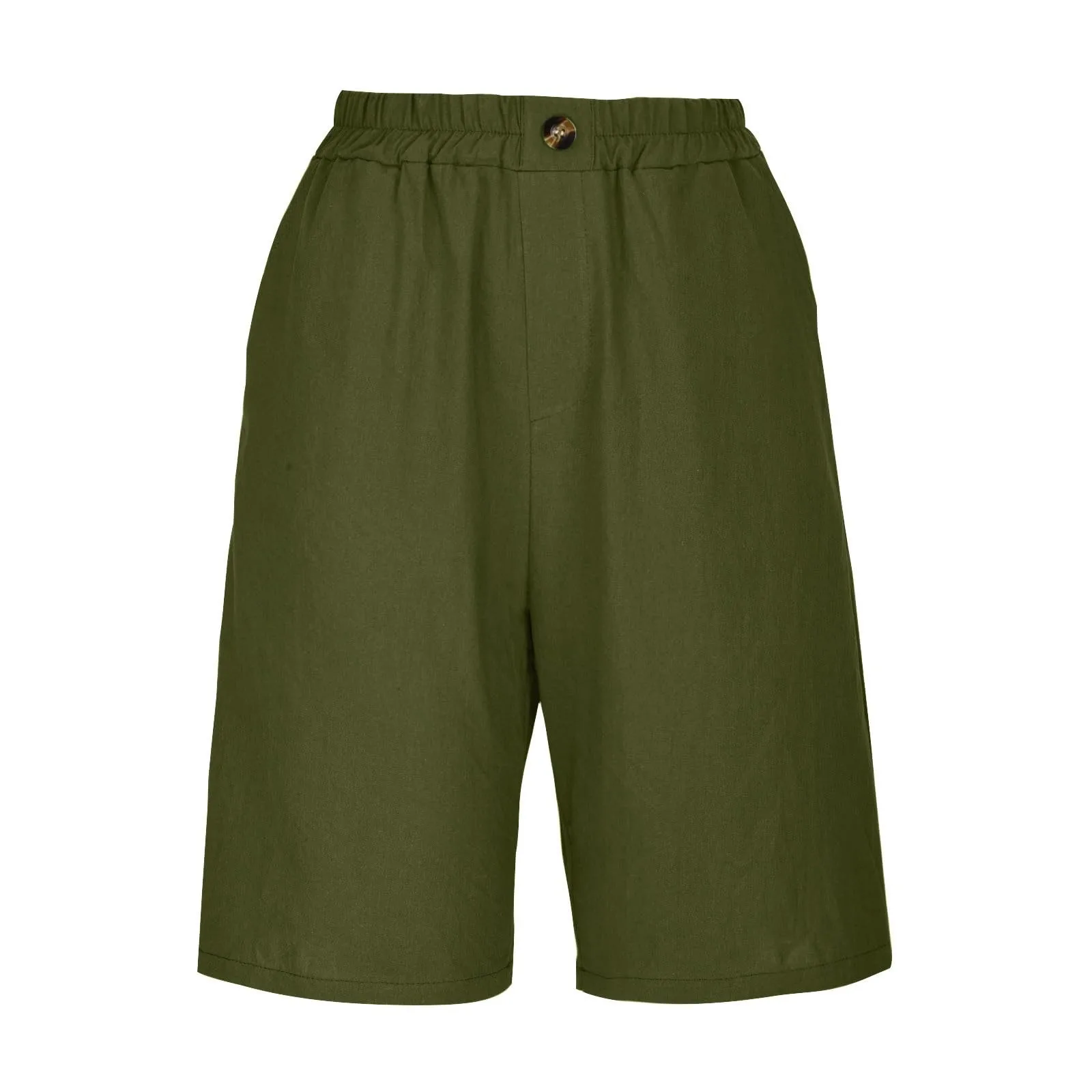 Summer Cotton Linen Shorts Women Large Size Cotton Linen Short Pants High Waist Elastic Waist Knee Length Pockets Shorts