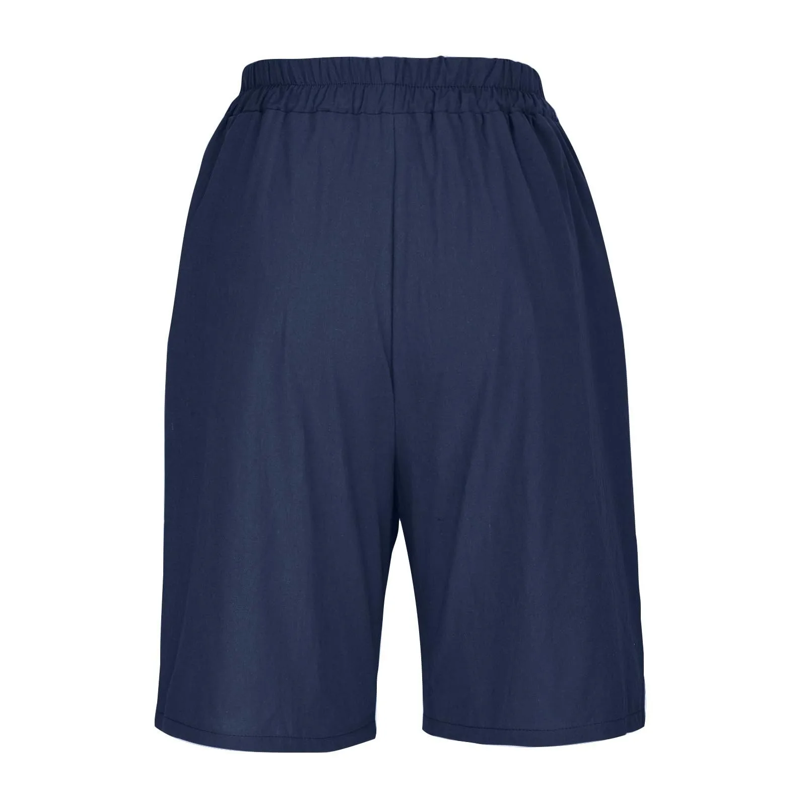 Summer Cotton Linen Shorts Women Large Size Cotton Linen Short Pants High Waist Elastic Waist Knee Length Pockets Shorts