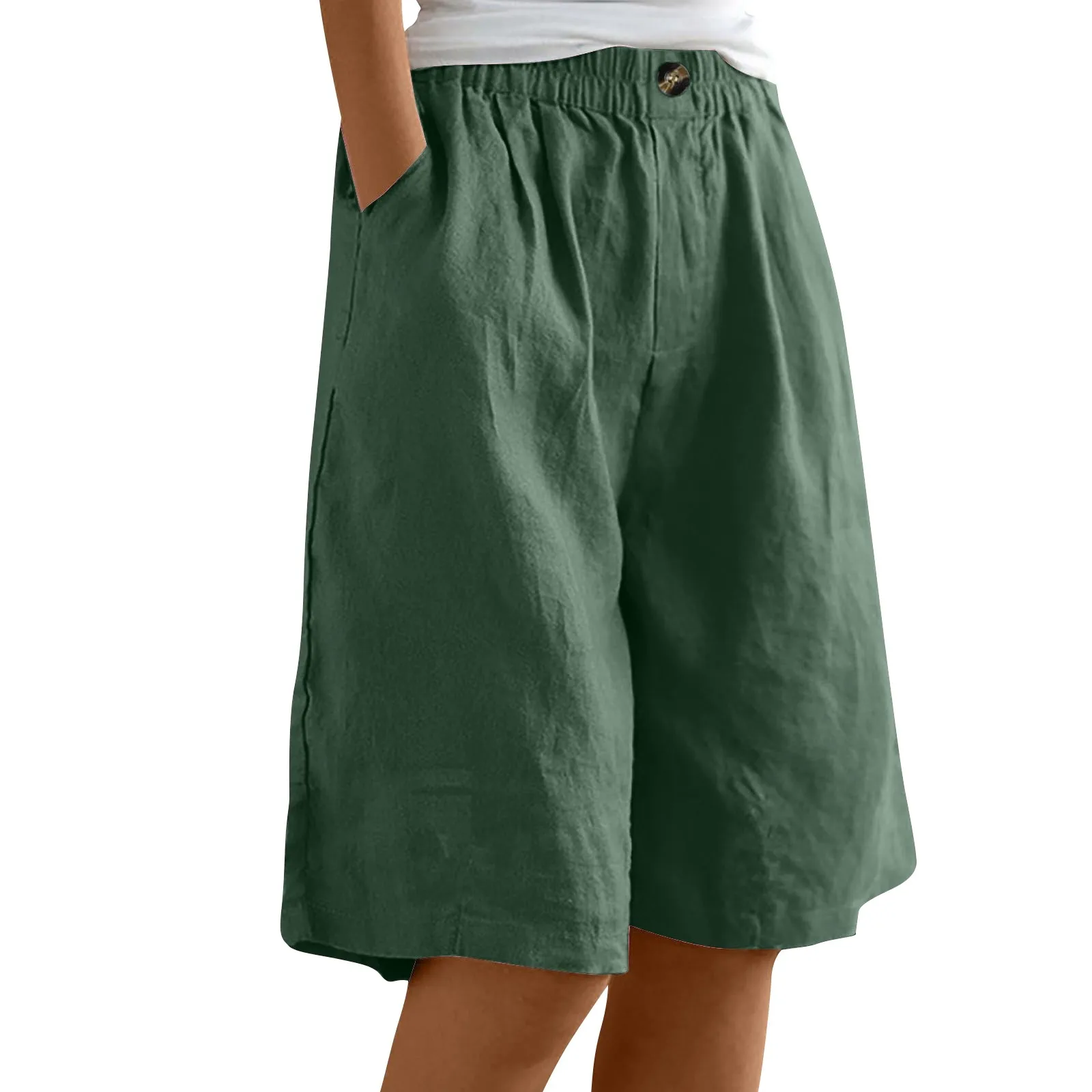 Summer Cotton Linen Shorts Women Large Size Cotton Linen Short Pants High Waist Elastic Waist Knee Length Pockets Shorts