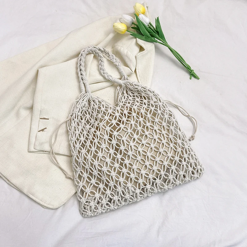 Summer Woven Bag for Women Handbags Handmade Knitted Beach Boho Shoulder Bag Large Tote Bag Hollow Out Shopping Bag
