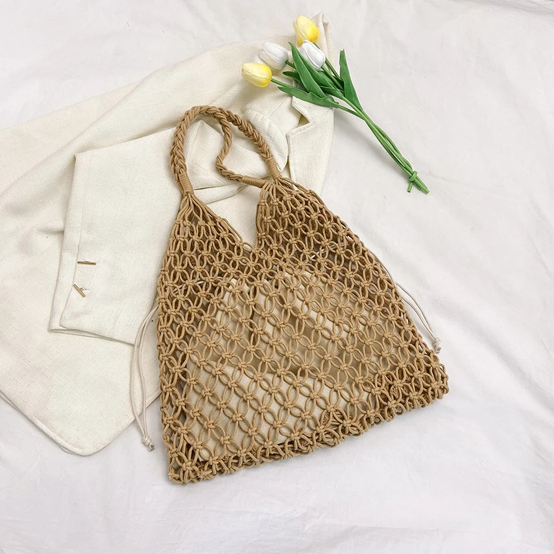 Summer Woven Bag for Women Handbags Handmade Knitted Beach Boho Shoulder Bag Large Tote Bag Hollow Out Shopping Bag