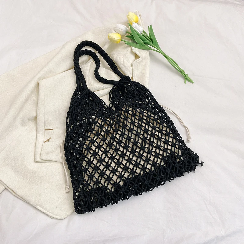 Summer Woven Bag for Women Handbags Handmade Knitted Beach Boho Shoulder Bag Large Tote Bag Hollow Out Shopping Bag