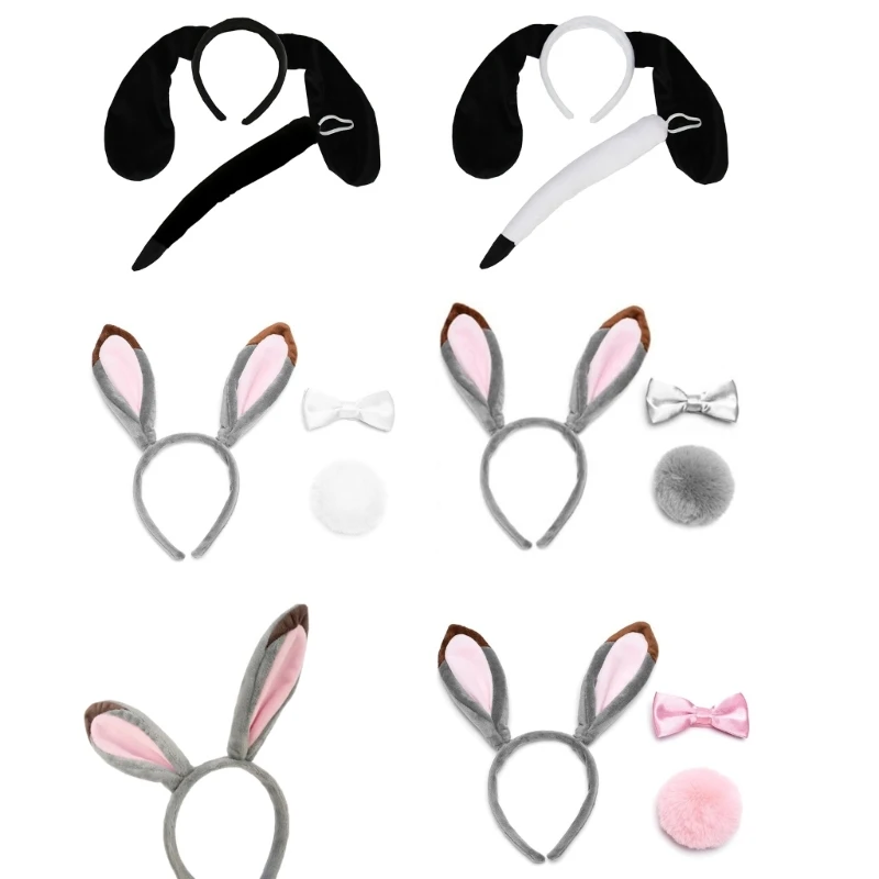 Rabbit Ears Headband Plush Bunny Ear Dog Ears and Tail for Kids and Adults