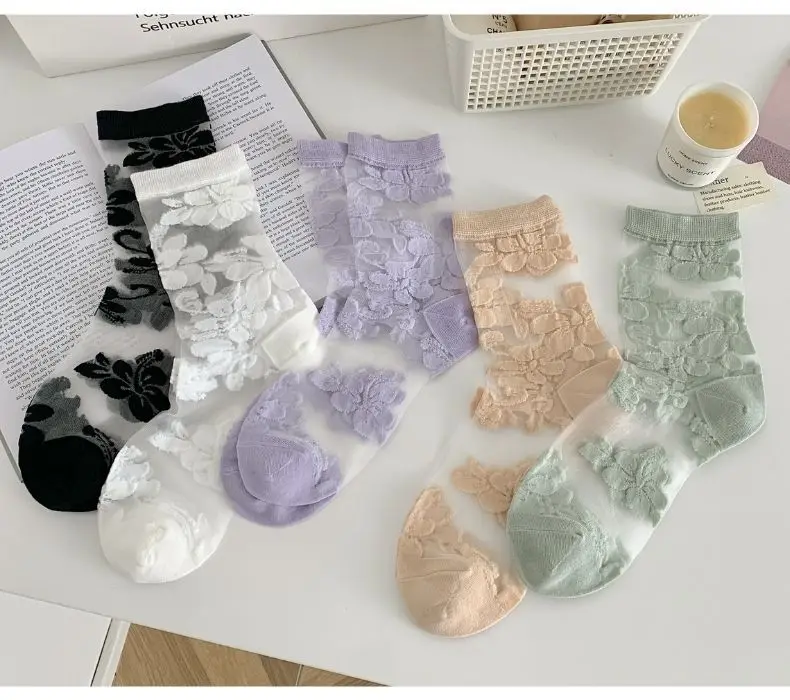 Women's Socks Spring Summer Thin Cotton Socks Lace Flower Silk Fairy Stockings Hollowed Out Breathable Fashion Socks Wholesales
