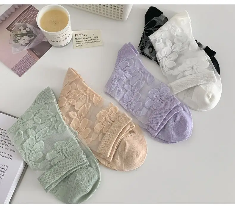 Women's Socks Spring Summer Thin Cotton Socks Lace Flower Silk Fairy Stockings Hollowed Out Breathable Fashion Socks Wholesales