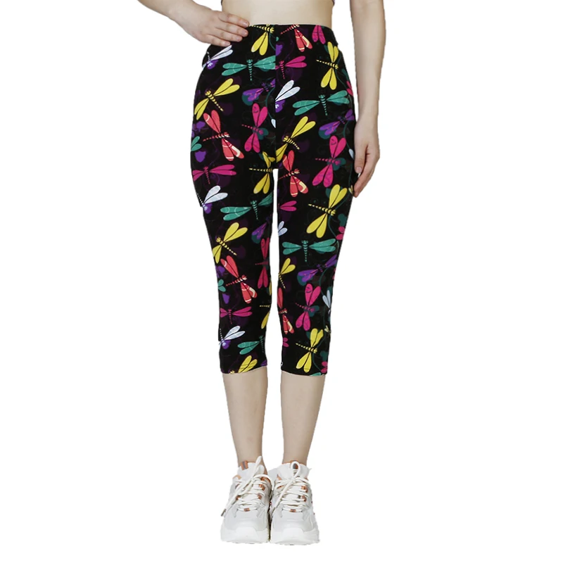 K468 New Colored Dragonfly Printed Leggings for WOMEN'S Gym Sports, Summer WOMEN'S Capris, Casual WOMEN'S Pants