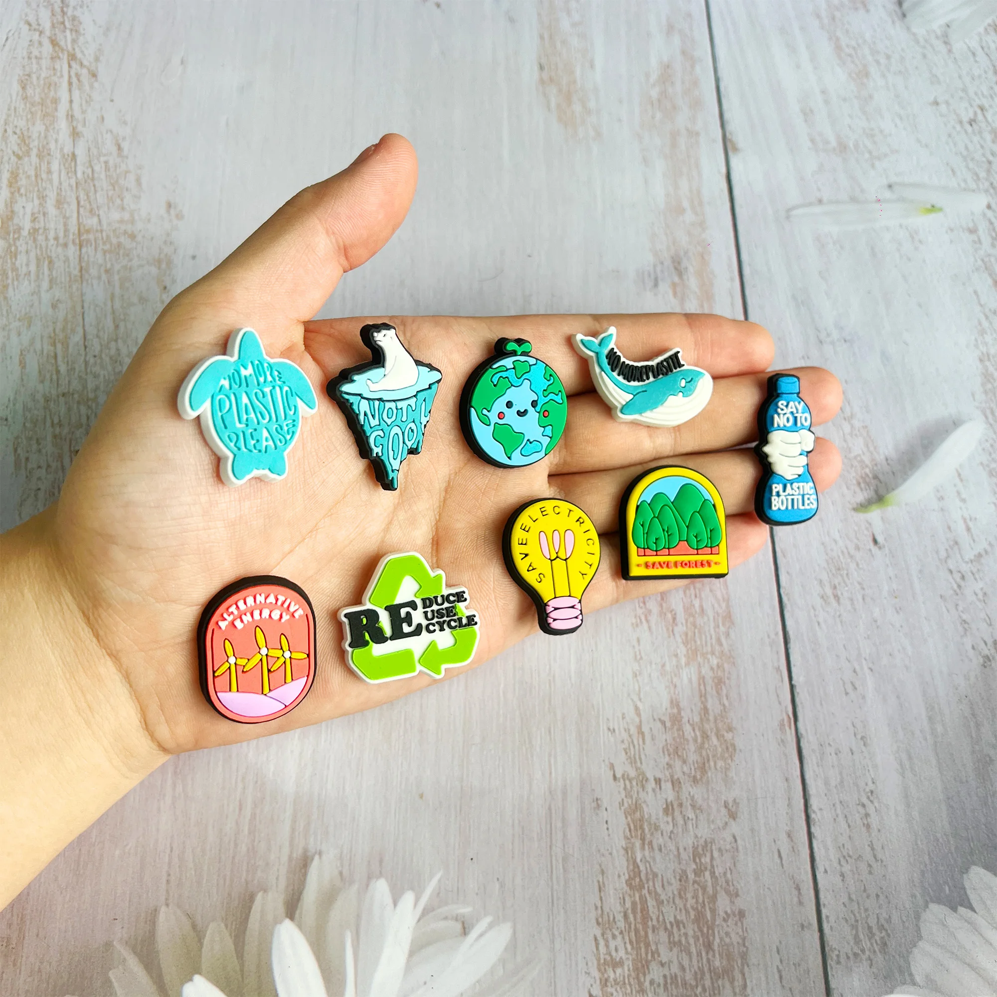 1-9pcs Reduce Reuse Recycle Save Earth Forest PVC Shoe Charms Buckle Wristbands Hole Slipper Accessories Decorations Kid Gift