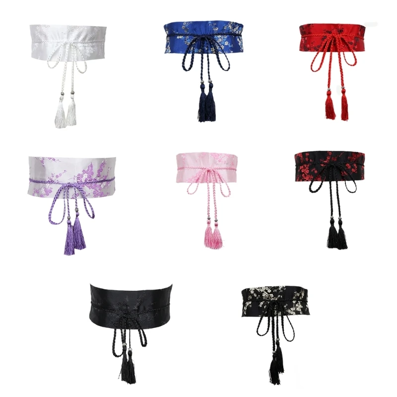 Y1UB Chinese Han Dynasty Hanfu Clothing Waistband with Tassels Wide Tie Belt with Chinese Ink Painting Flower Pattern