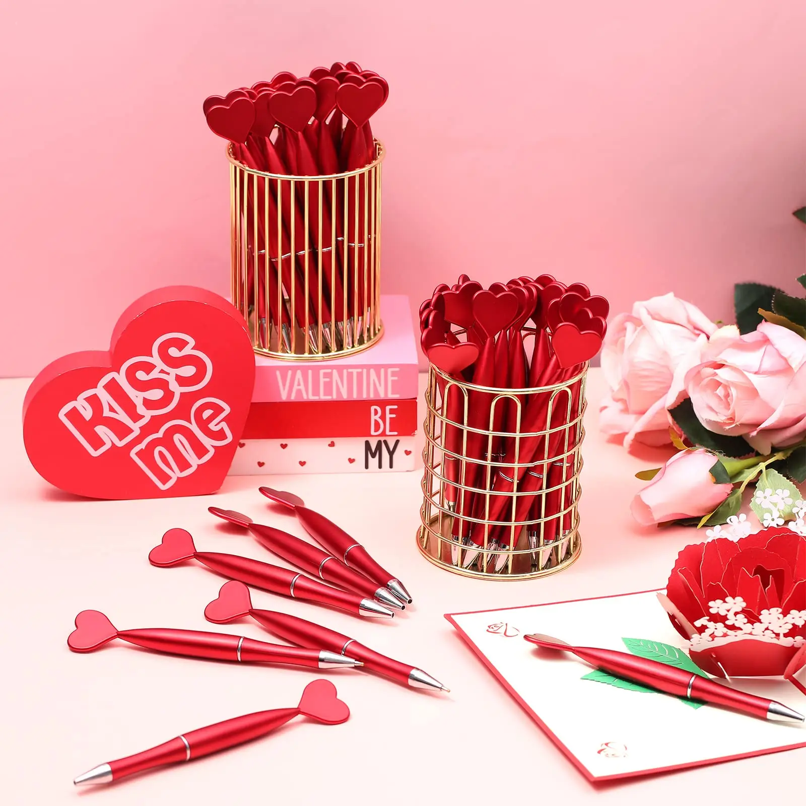 50pcs Valentine's Day Heart Shape Pens Black Gel Ink Rollerball Pens for Office School Supplies Gift Kids Ballpoint Pens