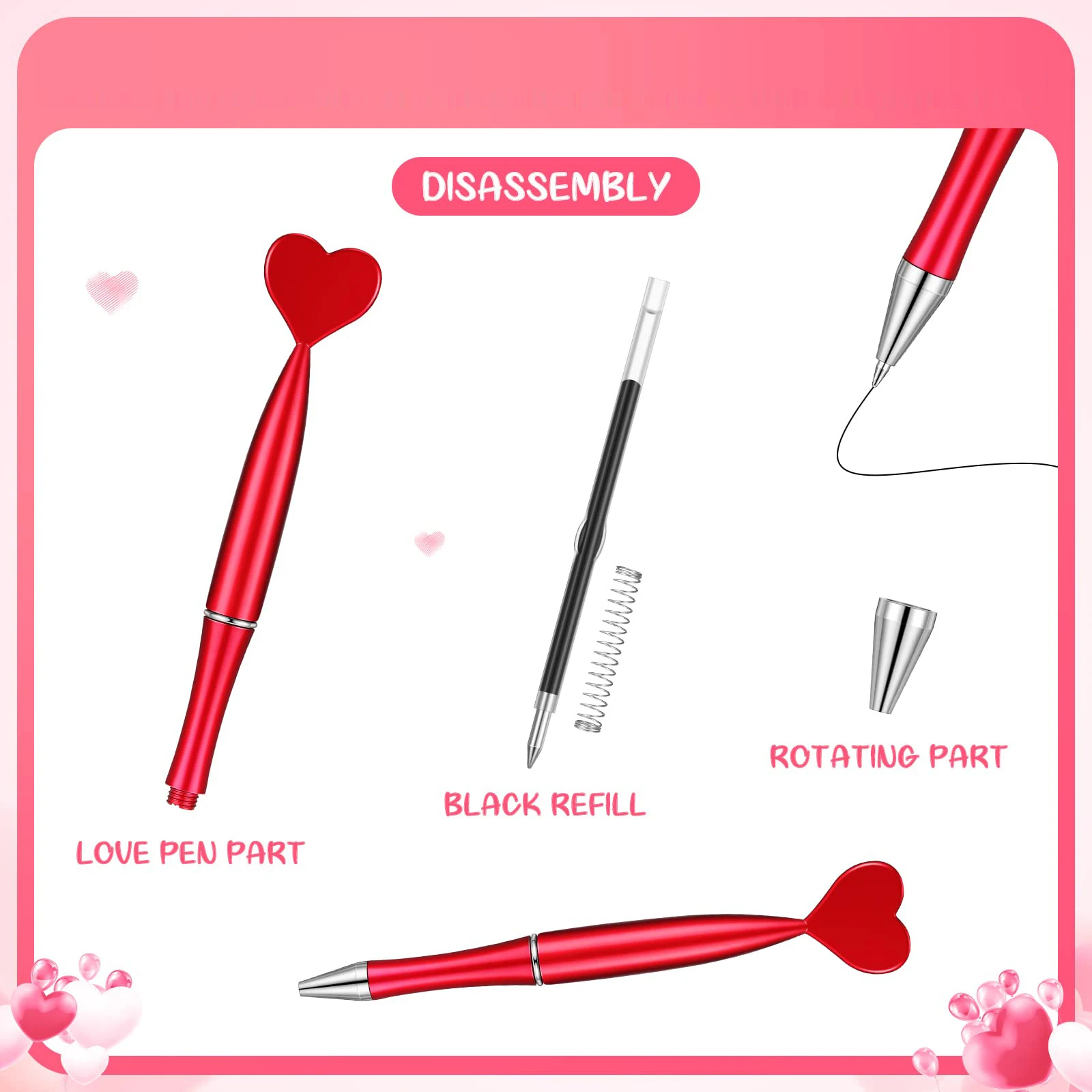 50pcs Valentine's Day Heart Shape Pens Black Gel Ink Rollerball Pens for Office School Supplies Gift Kids Ballpoint Pens