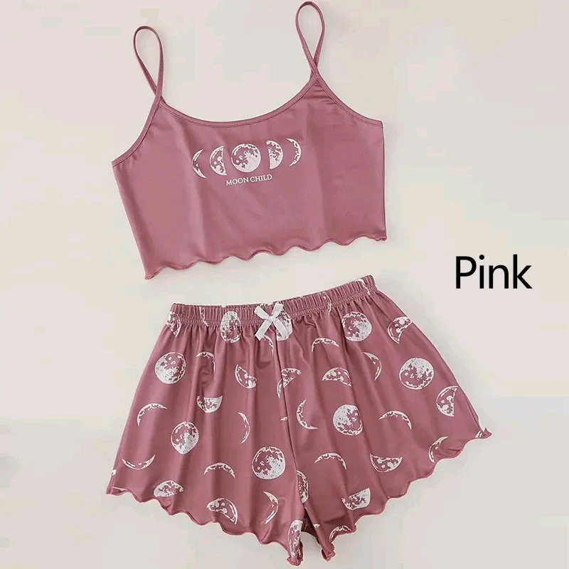 Women Pajamas Sleepwear Pajama Set Sports Camisole and Shorts Pink Black Moon and Planet Print Summer Comfortable Casual Suit