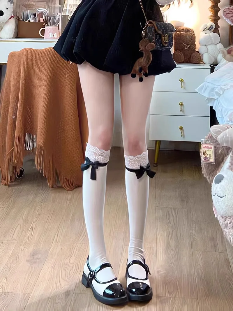 Women's Socks Spring Summer Lace Lace Pile Socks Long Tube Day Sweet Girly Slimming Thin Bow White Cute Calf Socks Fashion Socks