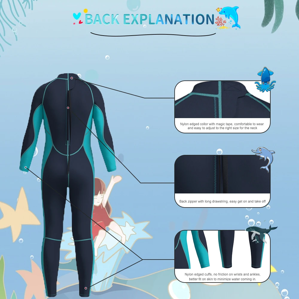 Children's 3MM Neoprene Wetsuit Back Zipper Surfing Snorkeling Swimming Suit Long Sleeves Boys Girls Kids Water Sports Swimwear