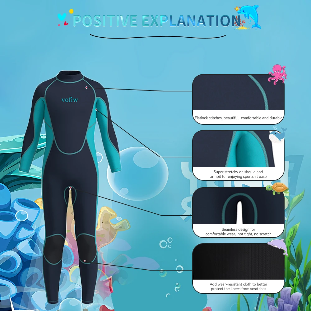 Children's 3MM Neoprene Wetsuit Back Zipper Surfing Snorkeling Swimming Suit Long Sleeves Boys Girls Kids Water Sports Swimwear