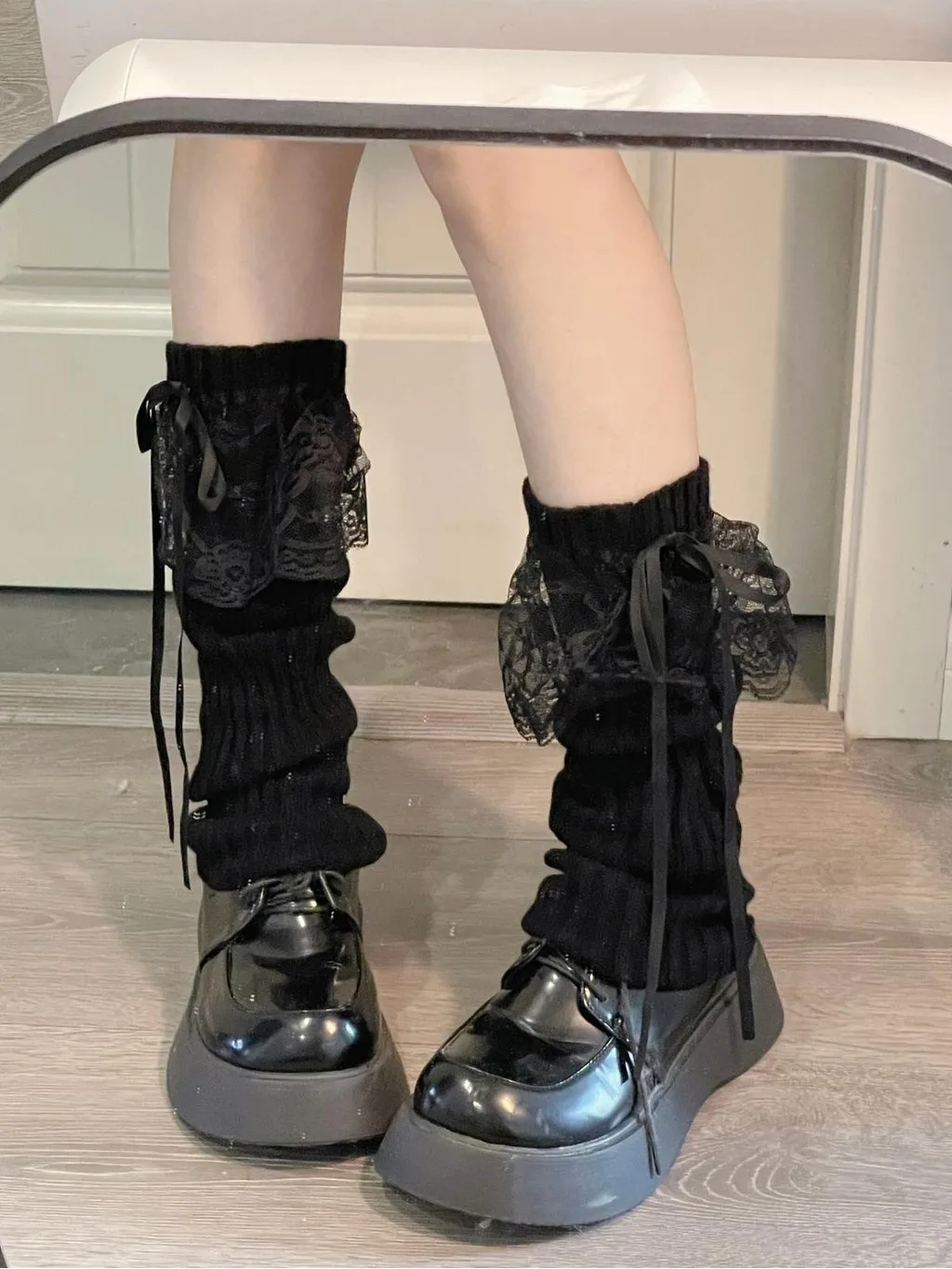 Japanese Y2K Lolita Girls Lace Bow Leg Warmers Women Calf Warmer Knitted Streamer Leg Covers JK Bow Princess Style Slouch Socks
