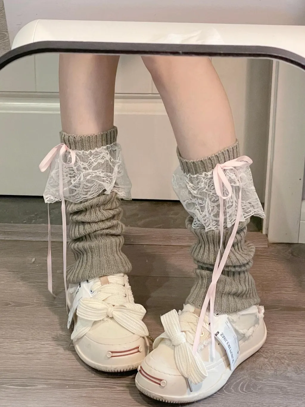 Japanese Y2K Lolita Girls Lace Bow Leg Warmers Women Calf Warmer Knitted Streamer Leg Covers JK Bow Princess Style Slouch Socks